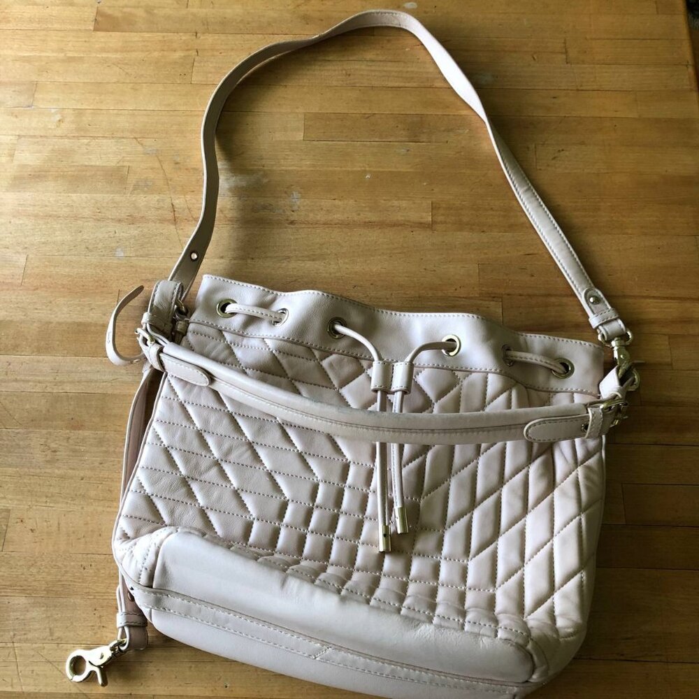 Badgley Mischka Cream With Hint of Pink Quilted Leather Bucket Bag - Picture 7 of 15